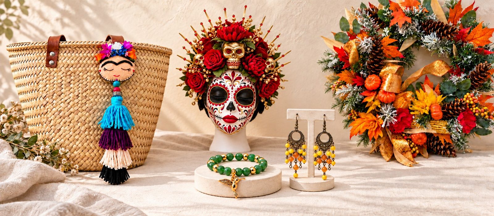 Handmade Frida purse charm, red floral skull headband, jade bracelet, amber earrings and autumn wreath